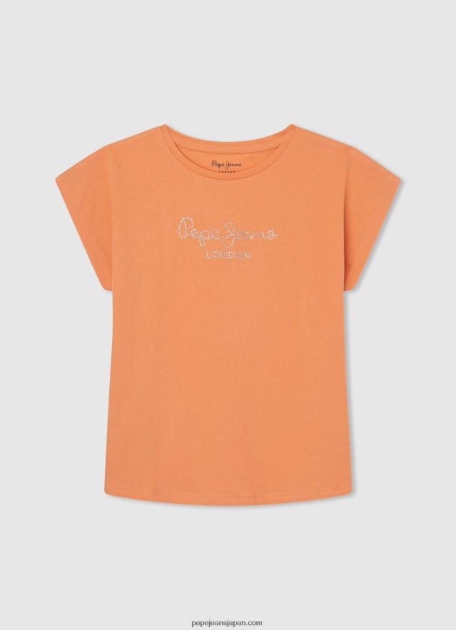 Pepe Jeans ストラス ロゴ コットンTシャツ 女の子 桃 BRPP821451