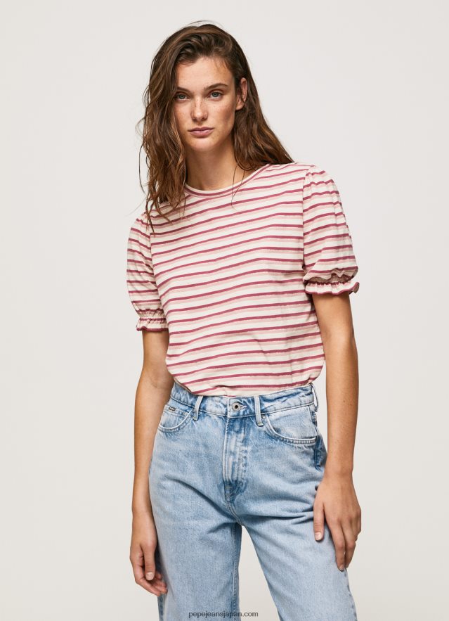 Pepe Jeans ラッフルスリーブ ストライプ Tシャツ 女性 濃い赤面 BRPP82392